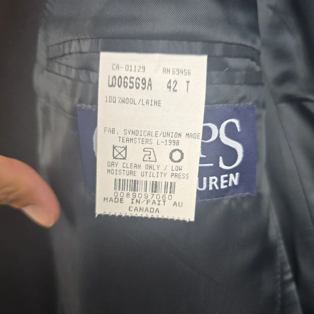 Chaps Ralph Lauren Suit Mens 42T 34x30 Black Wool Canada Vintage 90's